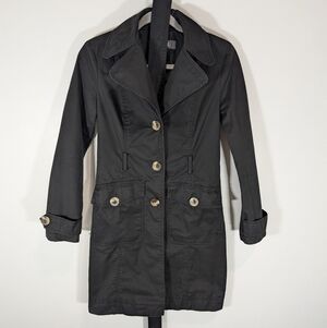 Kenneth Cole Reaction Black Cotton  Coat Collared Lined Belted Size XS 3 Buttons
